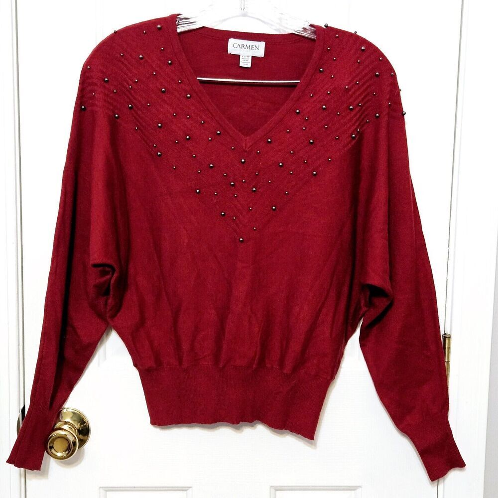 Carmen Marc Valvo Womens Cream Red Stud Long Sleeve Sweater Size XS